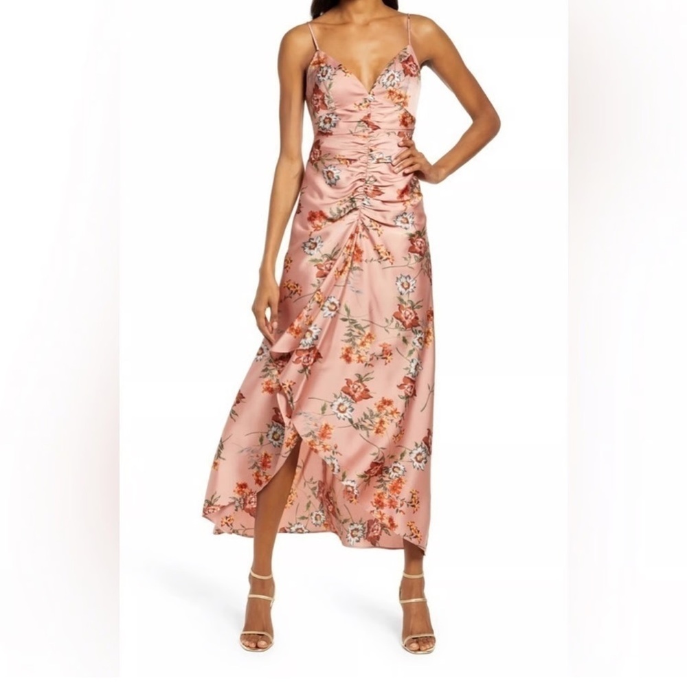Floret Studios Floral Ruched Front High-Low Midi Dress